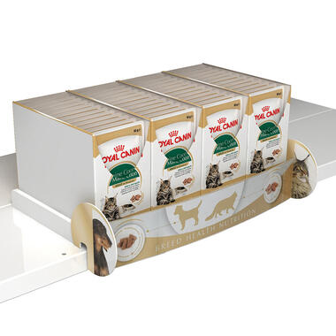 modular shelf display with stoppers  and changeable graphics for pet food