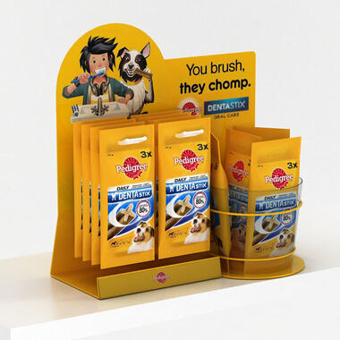 Creative retail equipment — counter pos display for pet goods for cash desk area manufactured by Konsal Advertising Ltd.