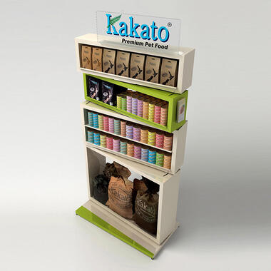 floor display with rotating shelves for pet food
