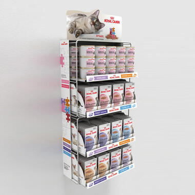 hanging display with changeable topper for petfood