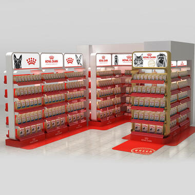 red rack with  the lightbox and changeable branding option for pet food